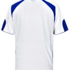 White sports jersey with blue accents on the sleeves and shoulders, shown from the back.