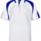 White collared polo shirt with blue sleeves and accents.