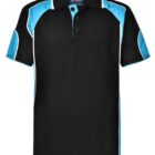 Black and blue short-sleeve sports polo shirt with white accents.