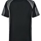 Back view of a black and gray short-sleeve polo shirt with white piping accents.