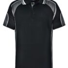 Black polo shirt with gray accents and white piping on the shoulders and sleeves.