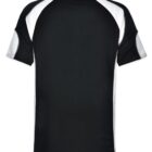 Back view of a black and white short-sleeve sports shirt with a collar.