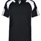 Black polo shirt with white shoulder and side panel accents.