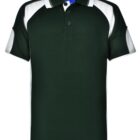Dark green polo shirt with white accents on shoulders and sleeves.