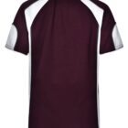 Rear view of a maroon and white short-sleeve sports jersey on a plain background.
