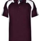 Maroon and white short-sleeve polo shirt with a collar and buttons.