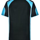 Black and blue short-sleeve sports shirt, back view.