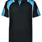 Black polo shirt with blue and white accents on sleeves and shoulders.