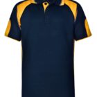Black polo shirt with yellow accents and short sleeves.