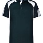 Black polo shirt with white shoulder panels and short sleeves.