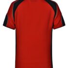 Red and black short-sleeve shirt, back view.