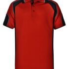Red polo shirt with black and gray accents and short sleeves.