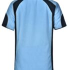 Light blue and black short-sleeve polo shirt, back view.