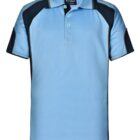 Light blue polo shirt with dark shoulder panels and collar, on a white background.