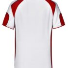 White polo shirt with red sleeves and details on a plain background.