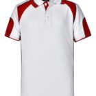 White and red polo shirt with short sleeves and collar, front view.