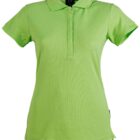 Green polo shirt with a collar and short sleeves, displayed on a white background.