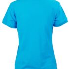 Back view of a plain blue polo shirt on a white background.