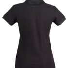 Back view of a plain black polo shirt with short sleeves and a collar.