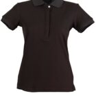 Black short-sleeve polo shirt with a collar and button placket, isolated on a white background.