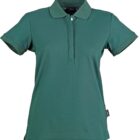 Green collared polo shirt with short sleeves on white background.