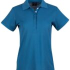 Blue short-sleeve polo shirt with a collar and buttons, displayed against a white background.