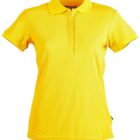Yellow polo shirt with short sleeves and a collar against a white background.