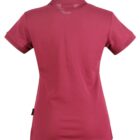 Back view of a plain maroon polo shirt with short sleeves.