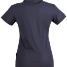 Back view of a plain navy blue collared short-sleeve polo shirt.