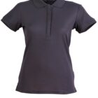 Dark gray short-sleeve polo shirt with a collar and buttoned placket.