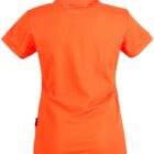 Back view of a bright orange short-sleeve polo shirt on a white background.