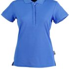 Blue polo shirt with short sleeves and buttoned collar.