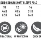 Size chart and features for ladies short sleeve polo shirts.