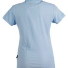 Blue short-sleeved polo shirt viewed from the back.