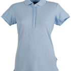 Light blue womens polo shirt with short sleeves and a collar, displayed on a plain backdrop.