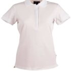 White polo shirt with a collar and short sleeves displayed on a plain background.