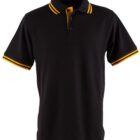 Black polo shirt with yellow striped collar and sleeves.