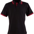 Black polo shirt with red stripe details on collar and sleeves.