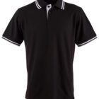 Black polo shirt with white-trimmed collar and sleeves.