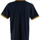 Black polo shirt with yellow trim on collar and sleeves, viewed from the back.