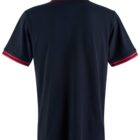 Black polo shirt with red stripes on the collar and sleeves, shown from the back.