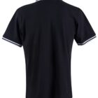 Back view of a black polo shirt with white striped sleeves and collar.