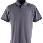 Gray polo shirt with black-striped collar and sleeves.