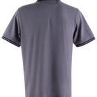 Gray polo shirt, back view, with dark trim on sleeves and collar.