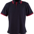Black polo shirt with red stripes on the collar and sleeves.