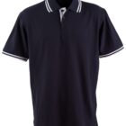 Black polo shirt with white-striped collar and sleeves.