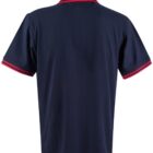 Back view of a navy polo shirt with red trim on the collar and sleeves.
