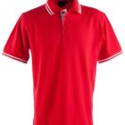 Red polo shirt with white-striped collar and cuffs.