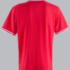 Red polo shirt with white striped collar and sleeves, viewed from the back.