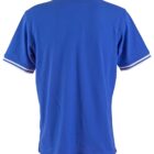 Blue polo shirt with white trim on collar and sleeves, viewed from the back.